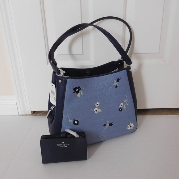 NWT Kate Spade Leila Floral Embroidered Shoulder Bag And Navy Wallet Set